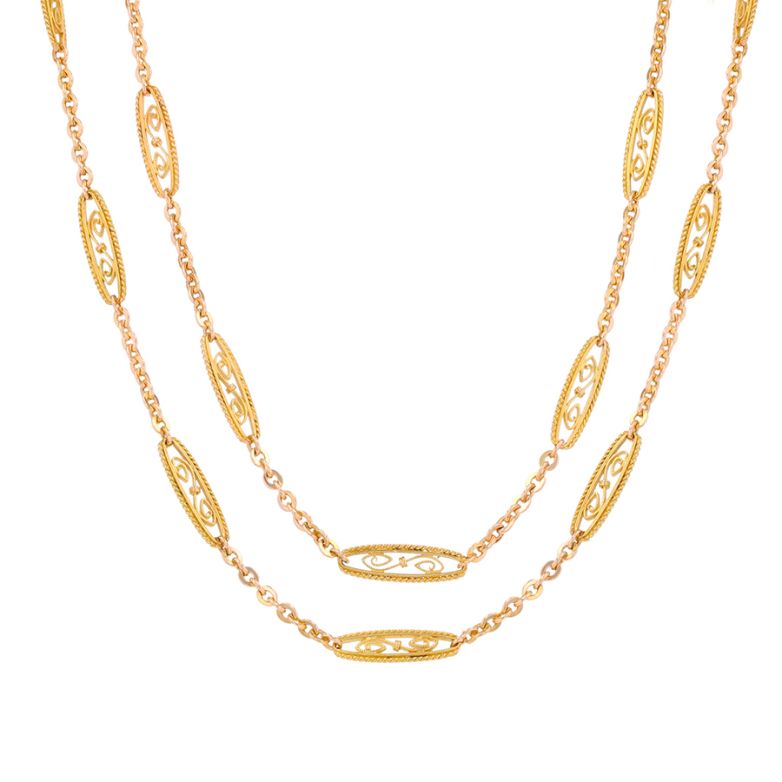 Acheter Collier sautoir ancien maille filigrane or jaune 43.58g Comme neuf - 7600,00 € Collier sautoir ancien maille filigrane or jaune 43.58g Comme neuf - reconditionné disponible sur Gemme Les Bijoux